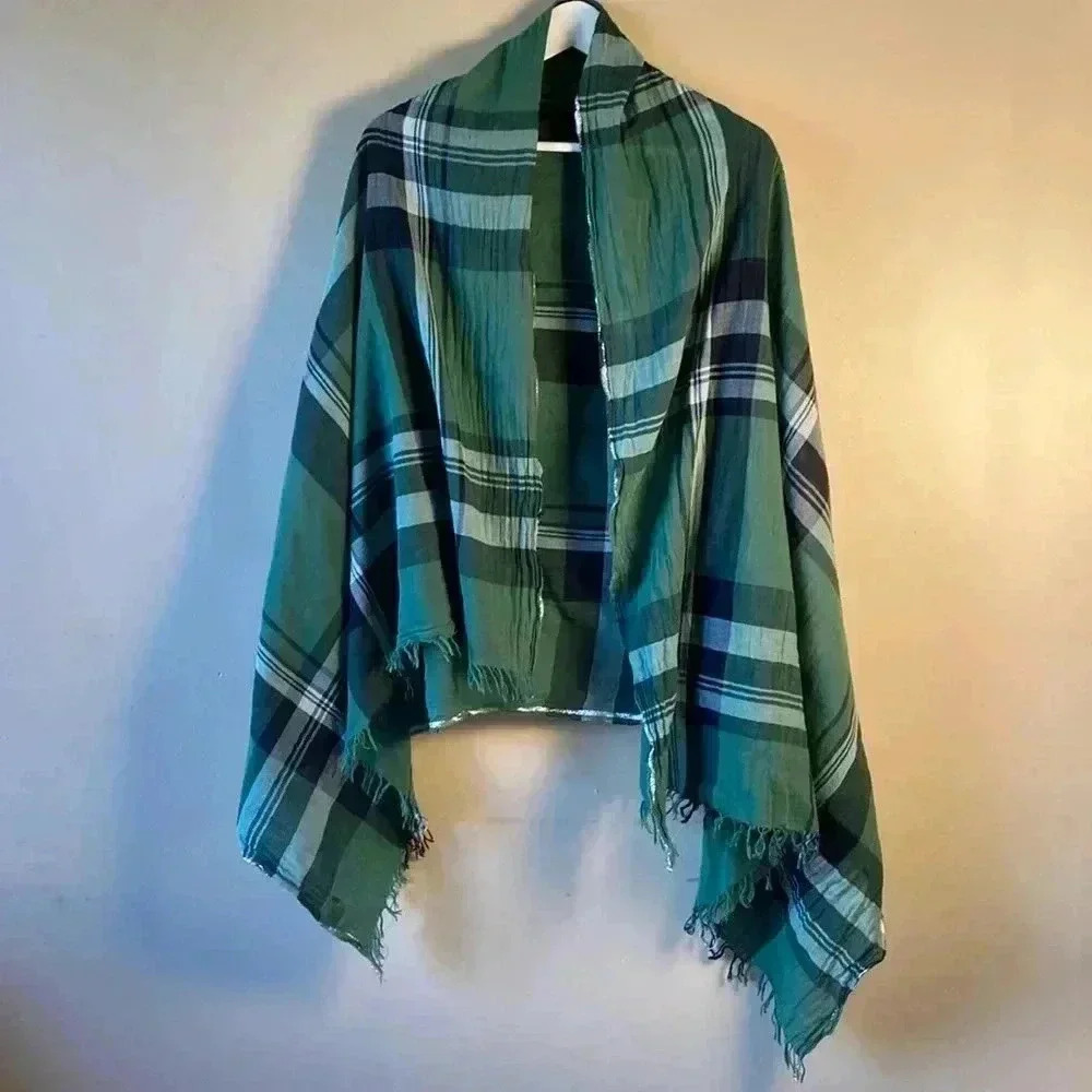 J. Crew Women’s Scarf Oversized lightweight Green Black Plaid Long Wide Scarf - Picture 1 of 8